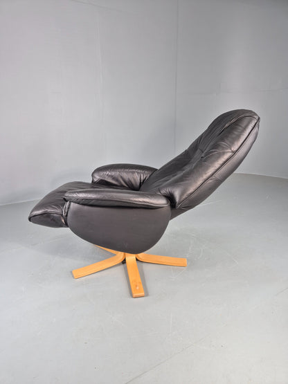 Vintage Leather Swivel Recline Armchair Black 1980s Design Retro EB12313
