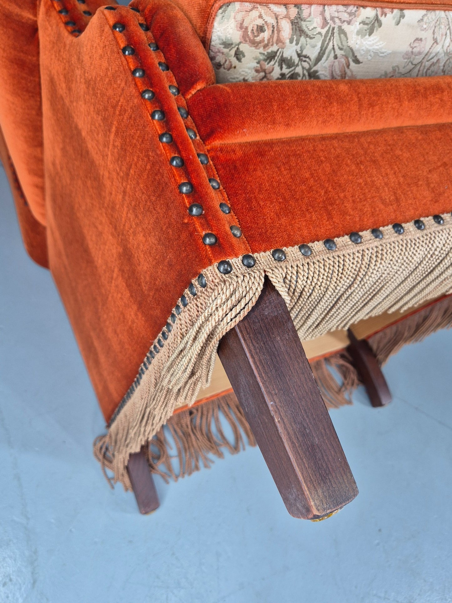 Vintage Wing Back Lounge Chair Danish 20th Century Orange Cream Tassels  EB12707