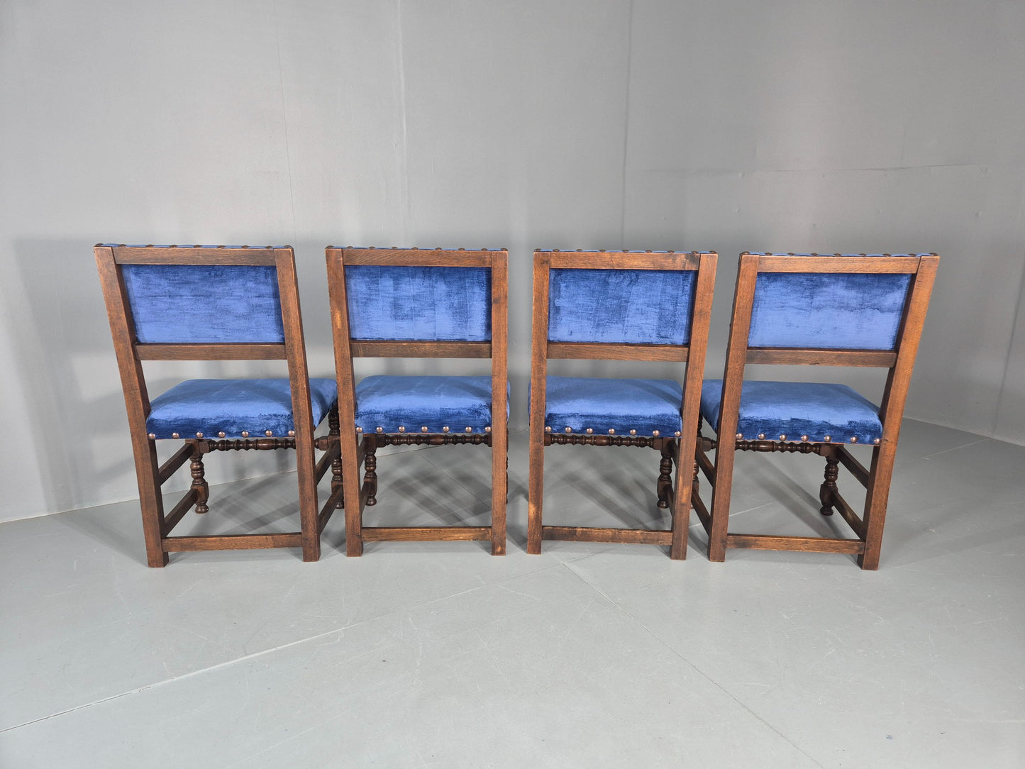 Antique Louis XIII Style Oak Dining Chairs Blue Velour Upholstery EB12795
