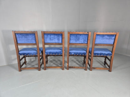 Antique Louis XIII Style Oak Dining Chairs Blue Velour Upholstery EB12795