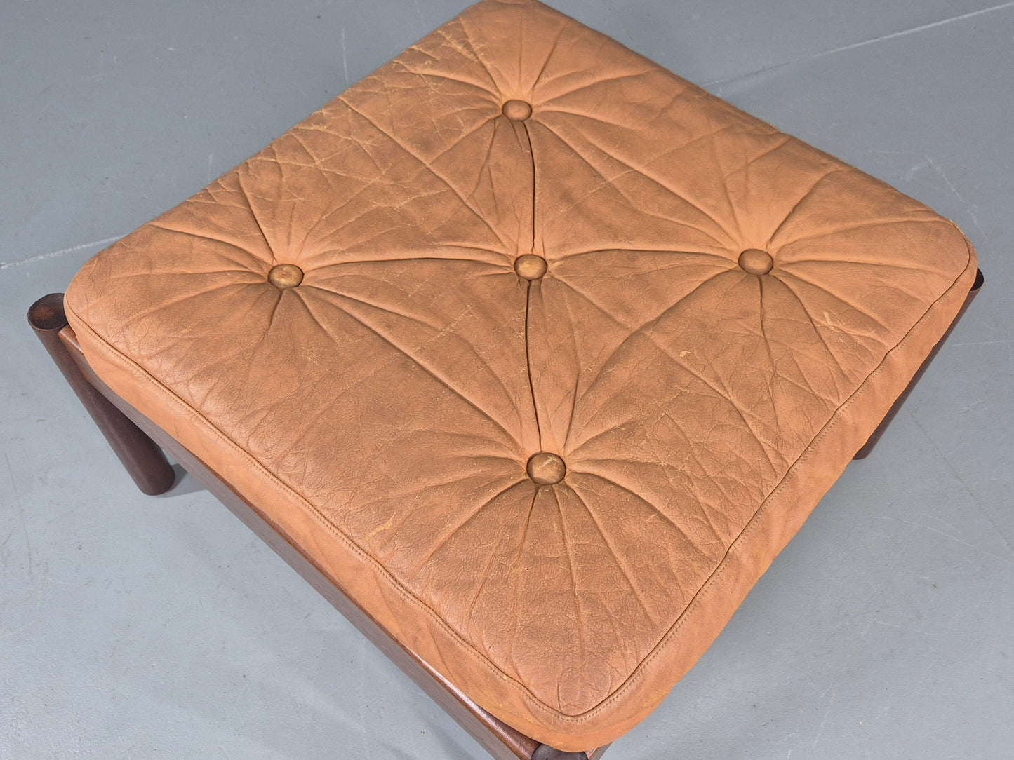 Vintage Danish Mid Century Footstool Leather upholstered Hard Wood Frame EB12009