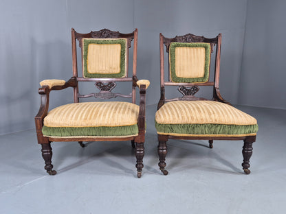 2 Antique Mahogany Saloon Chairs Green and Cream Upholstery Edwardian EB12792