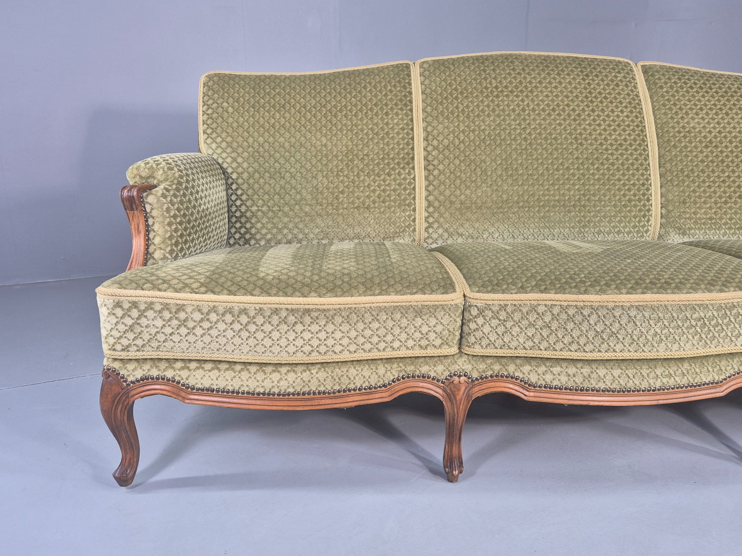 Vintage 3 Seater Sofa  Danish Rococo Style Carved Wood Green Velour  EB12705