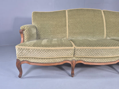 Vintage 3 Seater Sofa  Danish Rococo Style Carved Wood Green Velour  EB12705