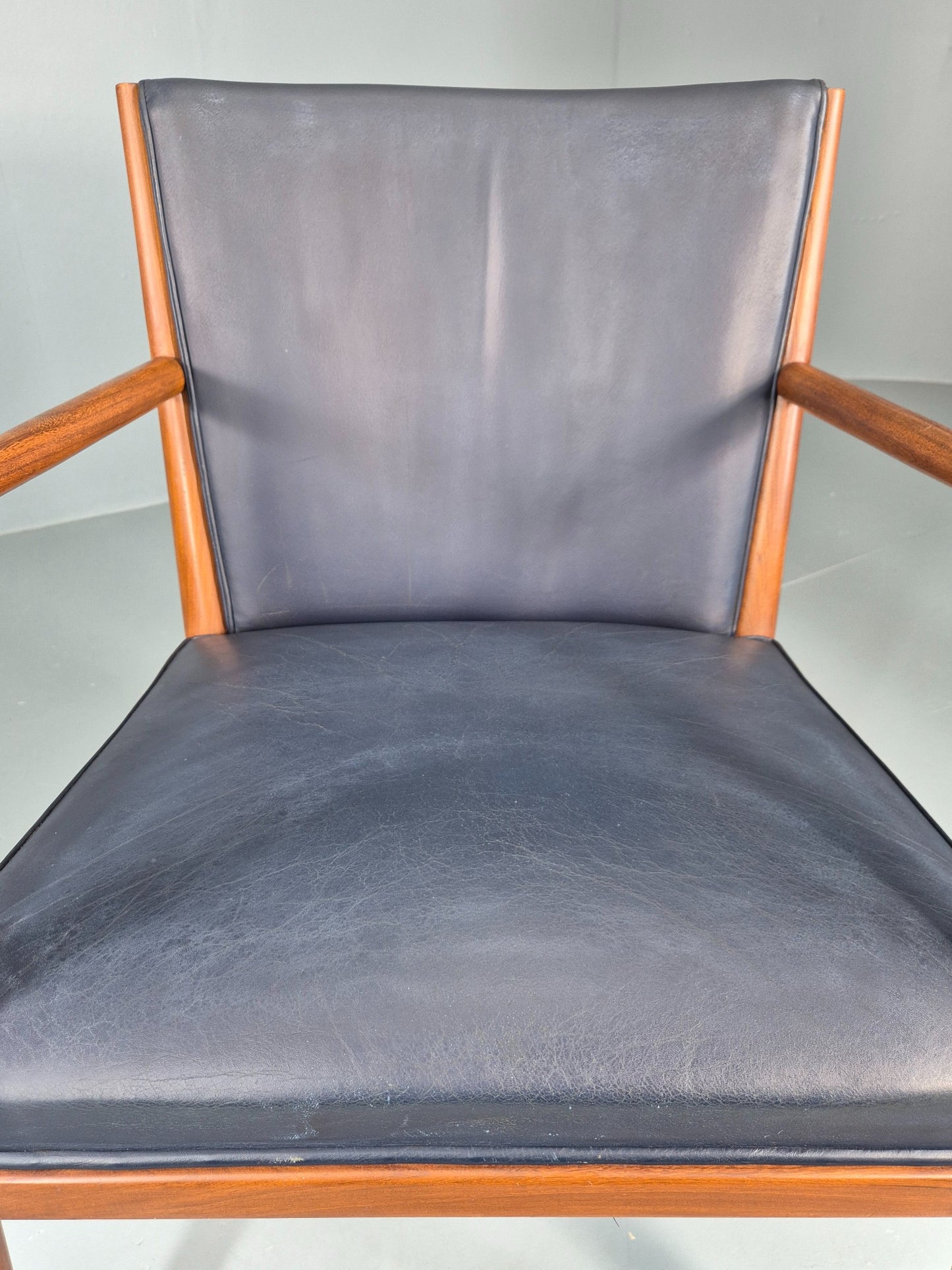 Vintage Mid Century Teak Armchair Blue Leather 1960s Retro EB11906