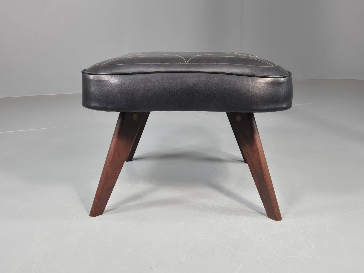 Vintage Danish Mid Century Footstool Black vinyl Rosewood Legs 1960s EB12100