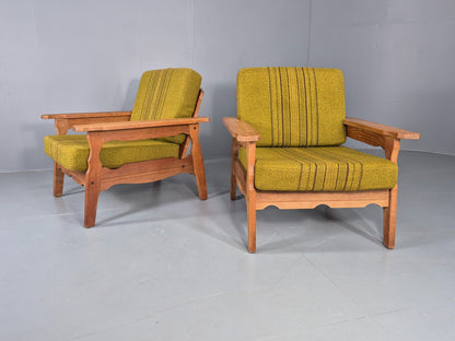 2 Vintage Lounge Chairs 1970s Danish Kjaernulf Oak Frames Green Cushions EB12780