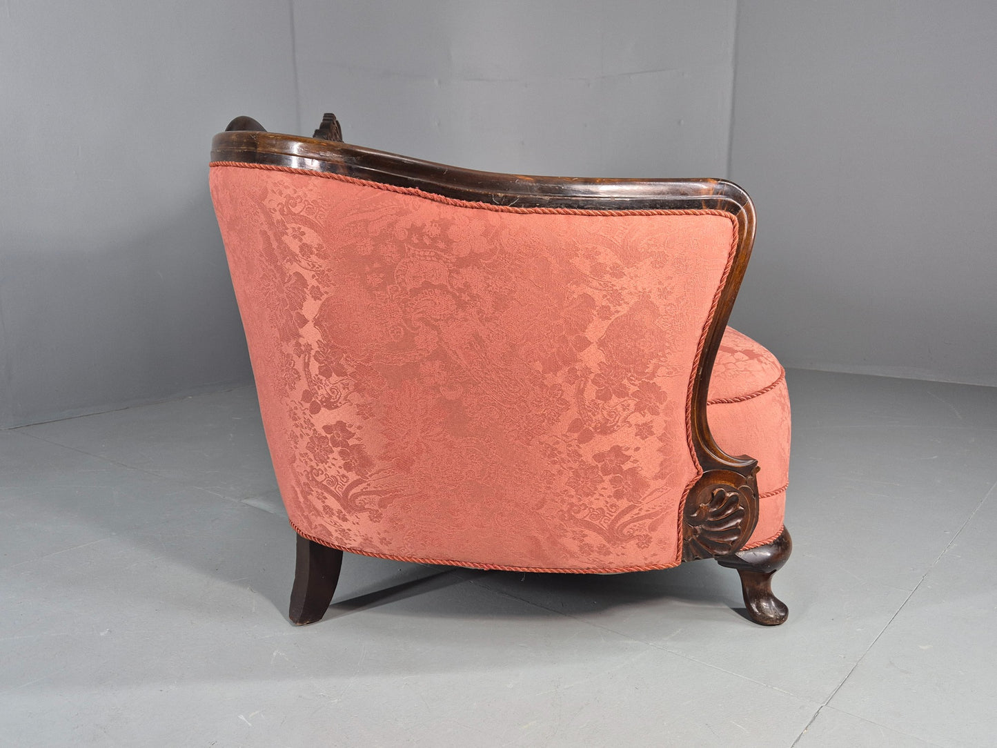Vintage Danish Art Deco 3 Seater Sofa Carved Hardwood Frame Pink Damask EB12742