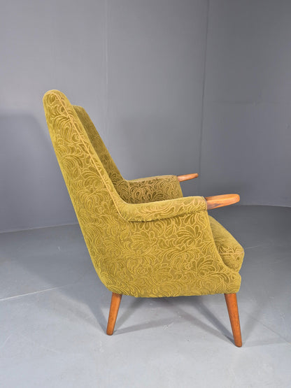 Vintage Danish Lounge Chair Green Floral Moquette Teak Detail MCM Retro EB13040
