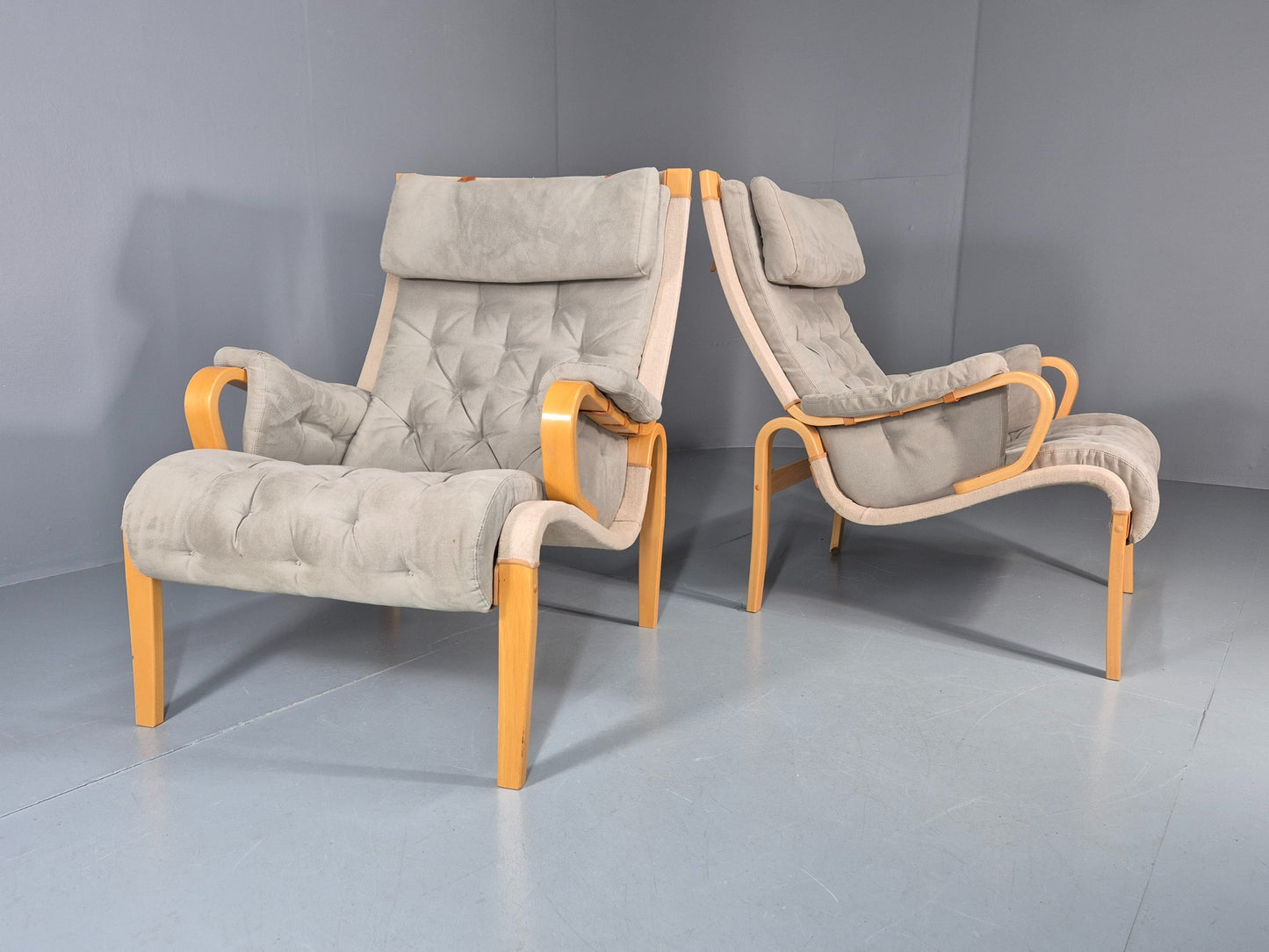 2 Pernilla Lounge Chairs Sweden Vintage Bruno Mathsson Blue Grey EB11336