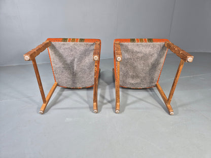 2 Vintage Dining Chairs 1970s Danish Kjaernulf Style Orange Wool Striped EB13075