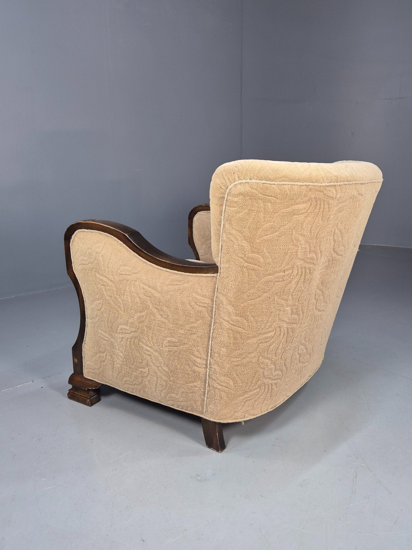 Antique Danish Art Deco Armchair Cream Moquette Beech Frame 1920s EB02887