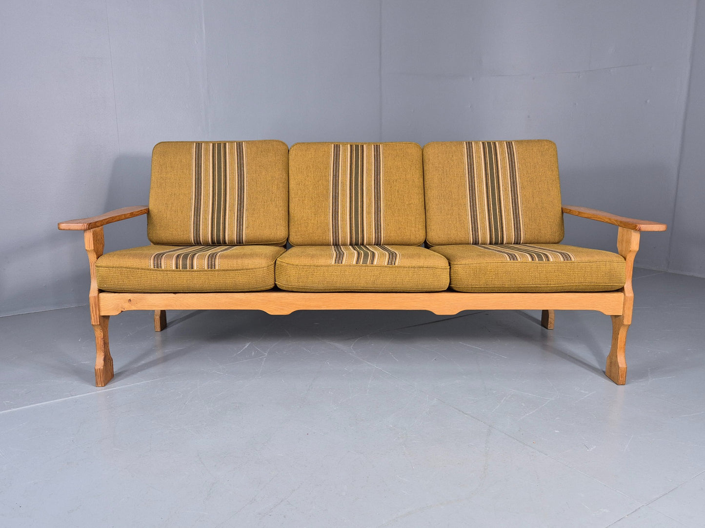 Vintage Danish 3 seater Sofa Oak Kjaenulf Green Cushions 1970s Retro EB12776