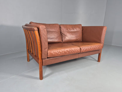 Vintage 2 Seater Sofa Danish Brown Leather Wood Ends Retro 1980s EB8349 M2SS