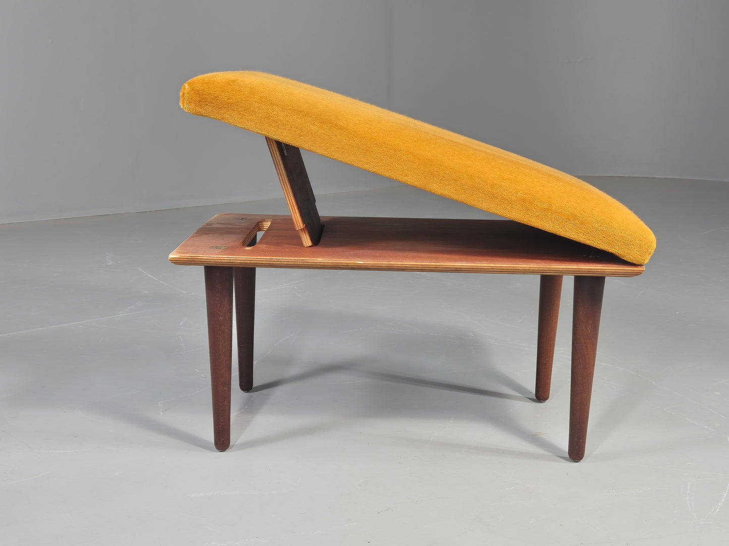 Vintage Mid Century Footstool Gold Velour Upholstery Teak Legs 60s Retro EB11576
