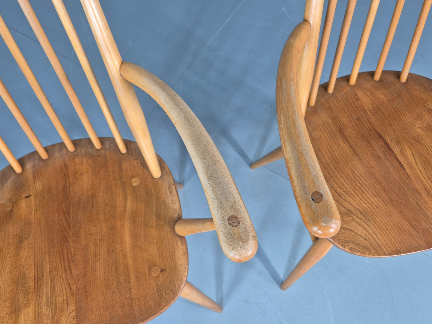 2 Ercol Goldsmith Elbow Chairs Blonde Wood 1960s Retro MCM  EB12544