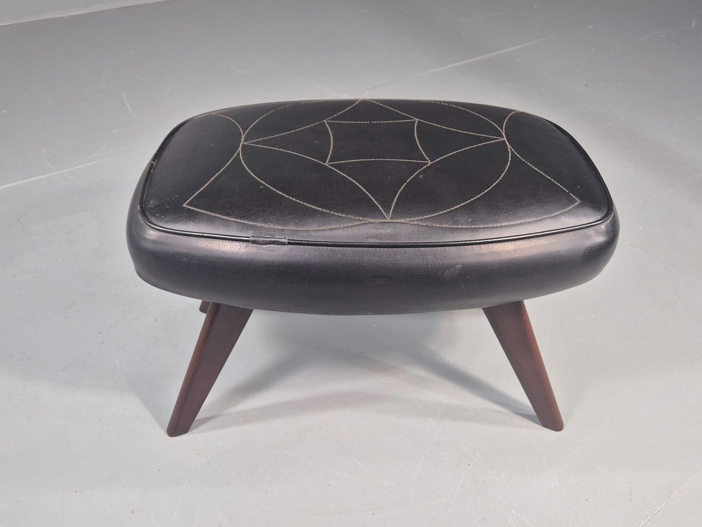 Vintage Danish Mid Century Footstool Black Vinyl Teak Legs 1960s Retro EB12048