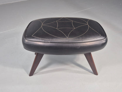 Vintage Danish Mid Century Footstool Black Vinyl Teak Legs 1960s Retro EB12048