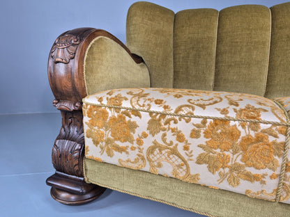 Vintage Danish 3 Seater Sofa 1940s Craved Oak Frame Shell Back Art Deco 12836