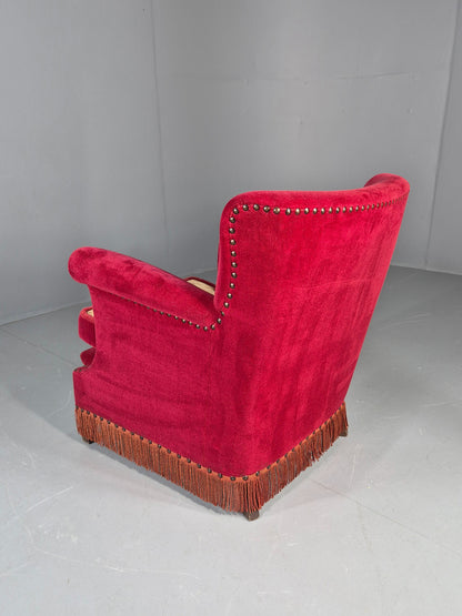 Vintage Wingback Lounge Chair Red Velour Cream Cushion Danish 1960s EB12762