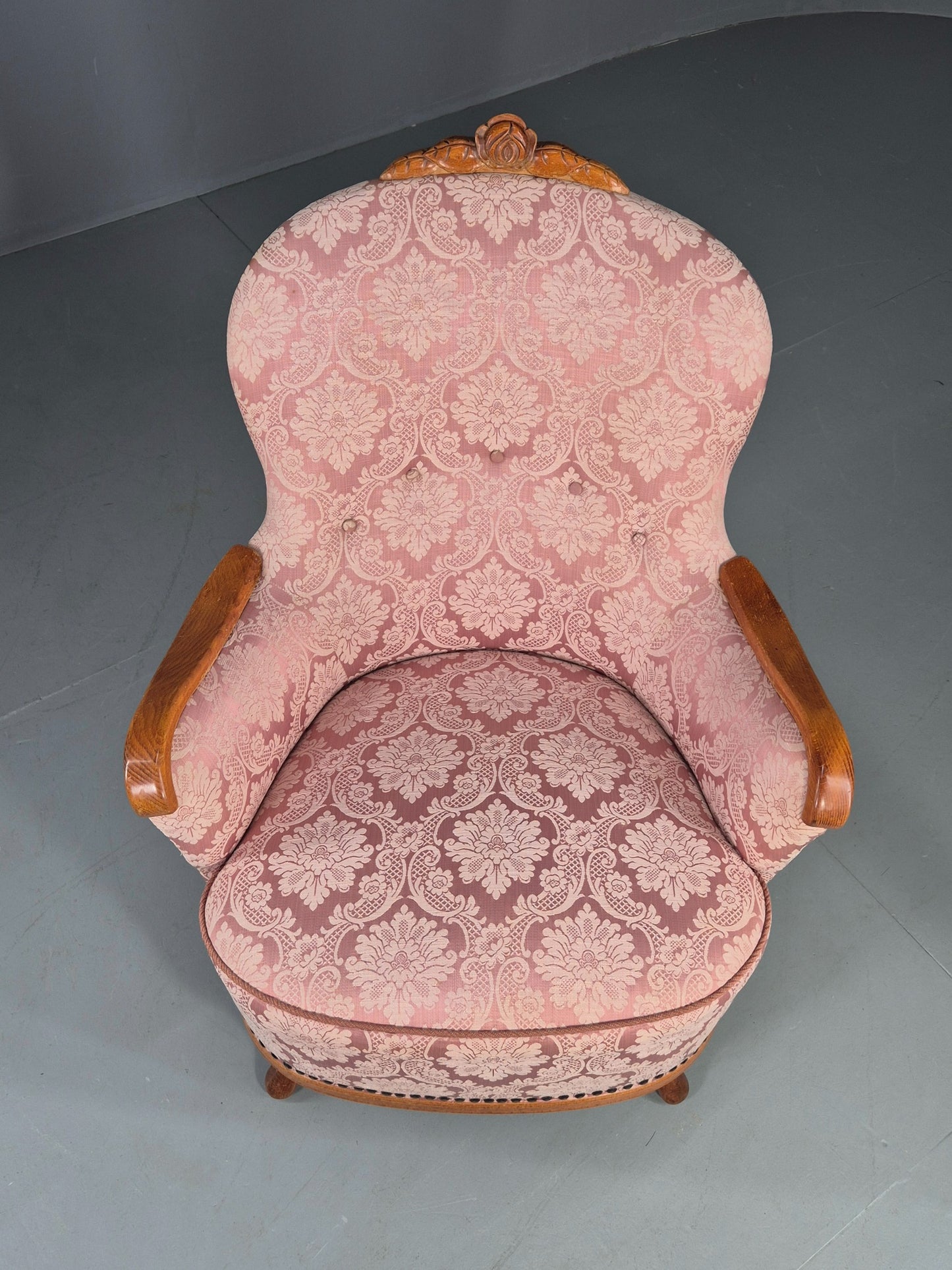 Vintage Danish Rococo Style Arm Chair Pink Floral Damask 20th Century EB12704