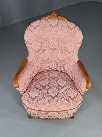 Vintage Danish Rococo Style Arm Chair Pink Floral Damask 20th Century EB12704