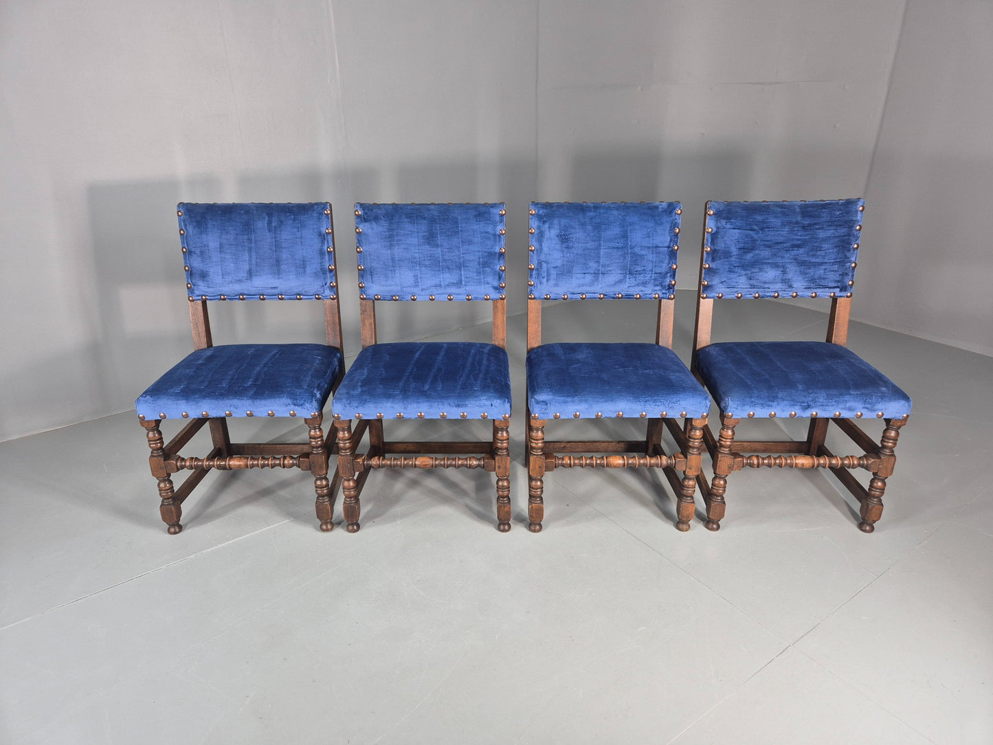 Antique Louis XIII Style Oak Dining Chairs Blue Velour Upholstery EB12795