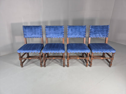 Antique Louis XIII Style Oak Dining Chairs Blue Velour Upholstery EB12795