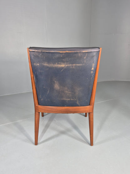 Vintage Mid Century Teak Armchair Blue Leather 1960s Retro EB11906