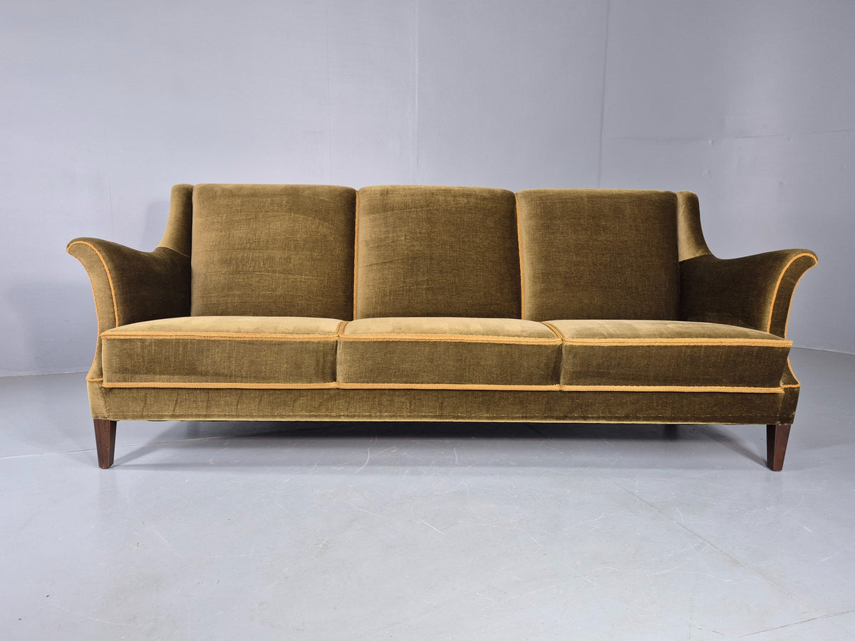 Vintage Mid Century 3 Seater Sofa Green Velour Upholstery Danish Design EB12731