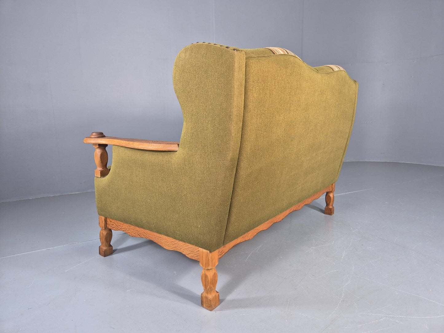 Vintage 2 Seater Sofa Danish Design Kjaernulf Style Green Wool Oak Frame EB12688