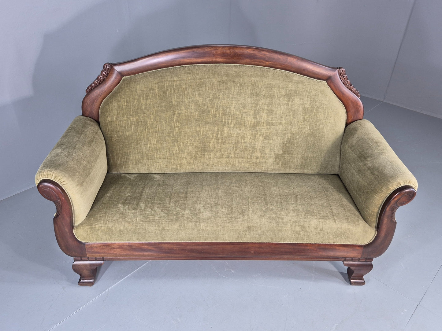 Antique 2 seater Sofa curved back rail Mahogany Exposed Frame 1900s EB12757