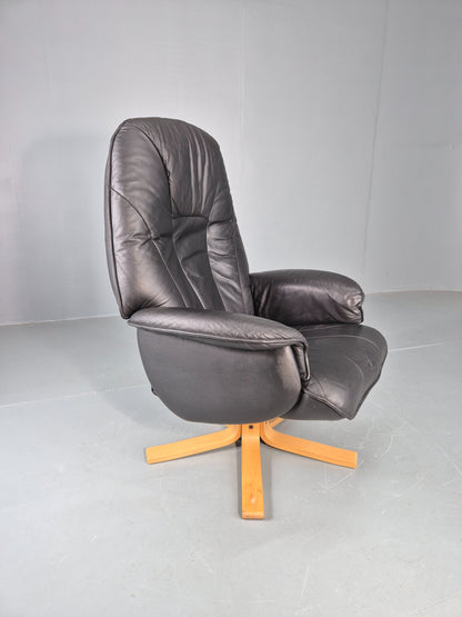 Vintage Leather Swivel Recline Armchair Black 1980s Design Retro EB12313