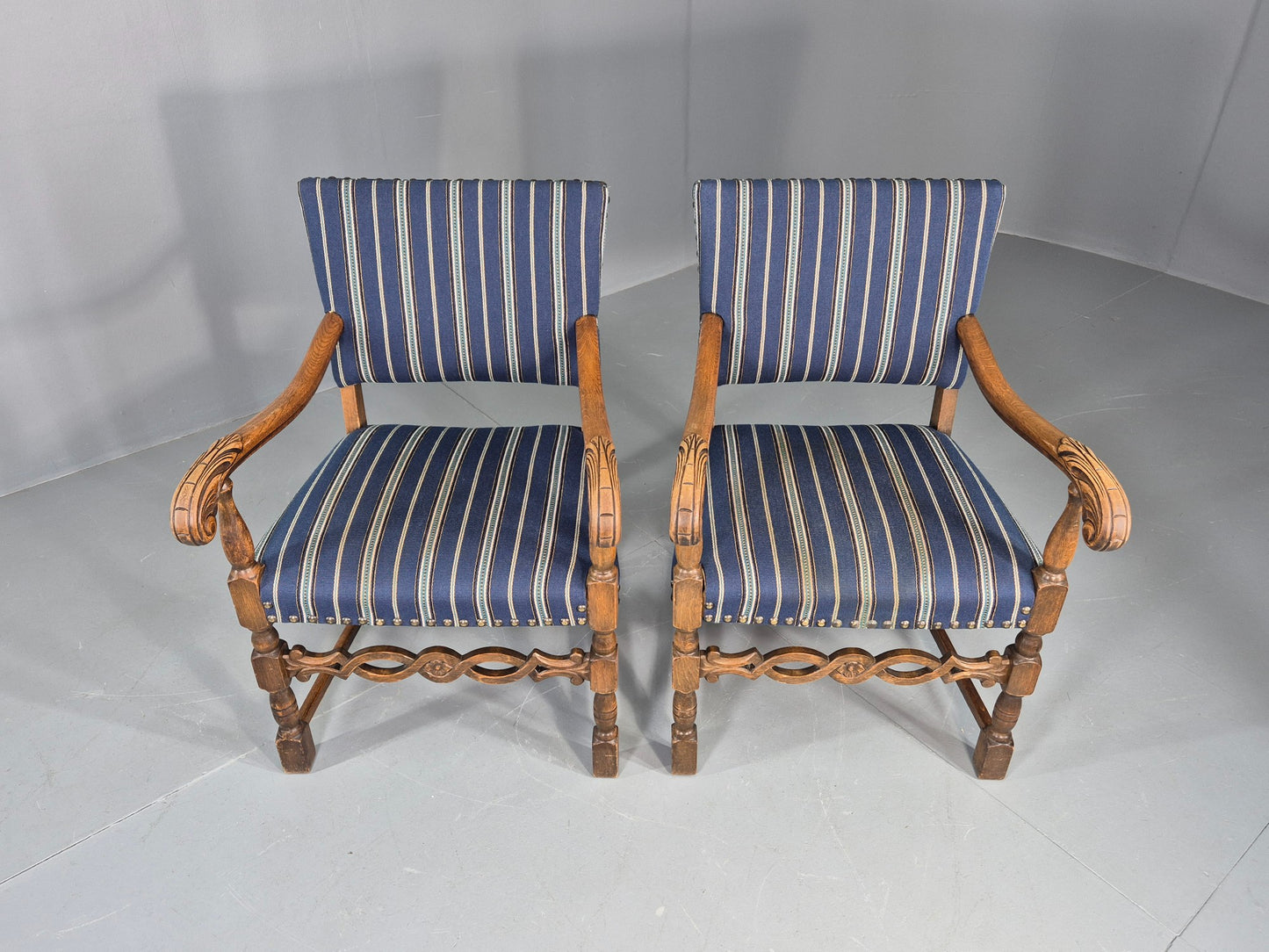 2 Vintage Danish Baroque Style Oak 1950s Elbow Chairs Blue Wool Stripe EB12647