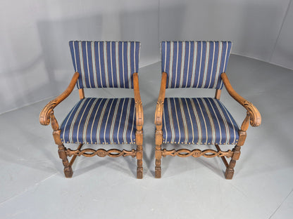 2 Vintage Danish Baroque Style Oak 1950s Elbow Chairs Blue Wool Stripe EB12647