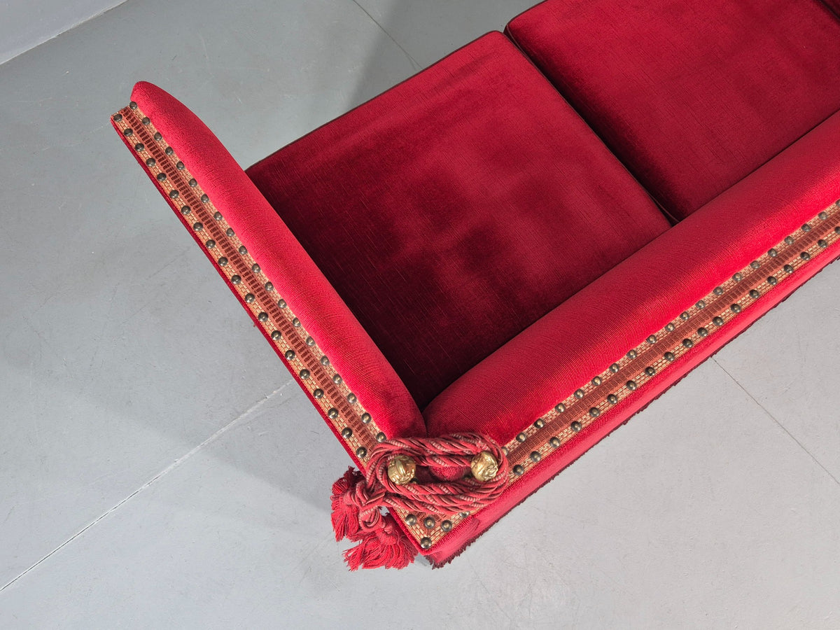 Vintage Danish 2 Seater Sofa Red Knole Style Drop Ends Tassels 1950s EB12760