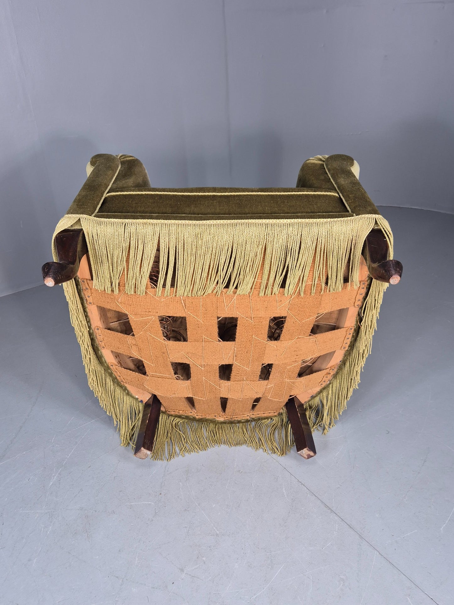 Vintage Danish Art Deco Tub Chair Green Velour Tassels 1940s  EB12710