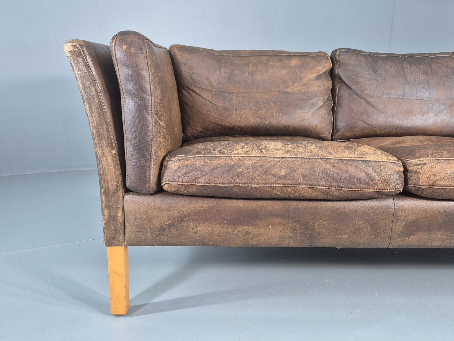 Vintage Danish 3 Seater Sofa 1970s Brown Leather Patinated Retro MCM EB12412