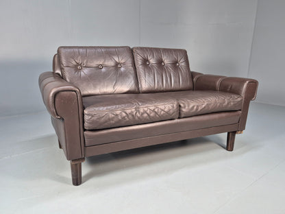 Vintage Danish 2 Seater Brown Leather 1970s Retro Danish MCM Buttoned EB09944