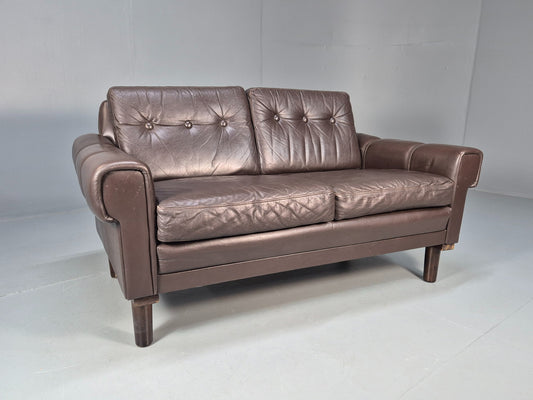 Vintage Danish 2 Seater Brown Leather 1970s Retro Danish MCM Buttoned EB09944