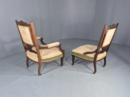 2 Antique Mahogany Saloon Chairs Green and Cream Upholstery Edwardian EB12792