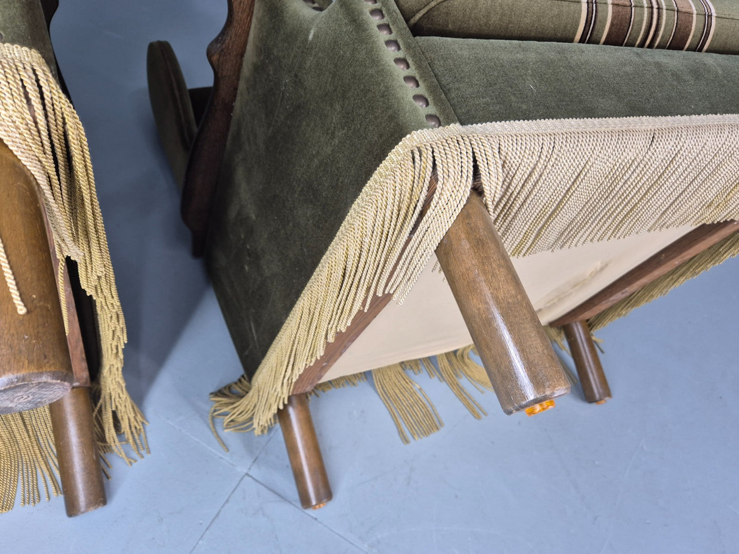 2 Vintage Danish 1970s Lounge Chairs Oak Kjaernulf Arms Green Stripe EB12686