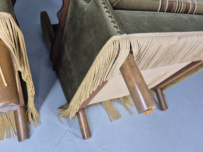 2 Vintage Danish 1970s Lounge Chairs Oak Kjaernulf Arms Green Stripe EB12686