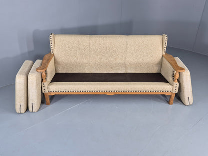 Vintage 3 Seat Sofa Danish 1970s Oak Frame Cream Wool Cloth Retro  EB12753