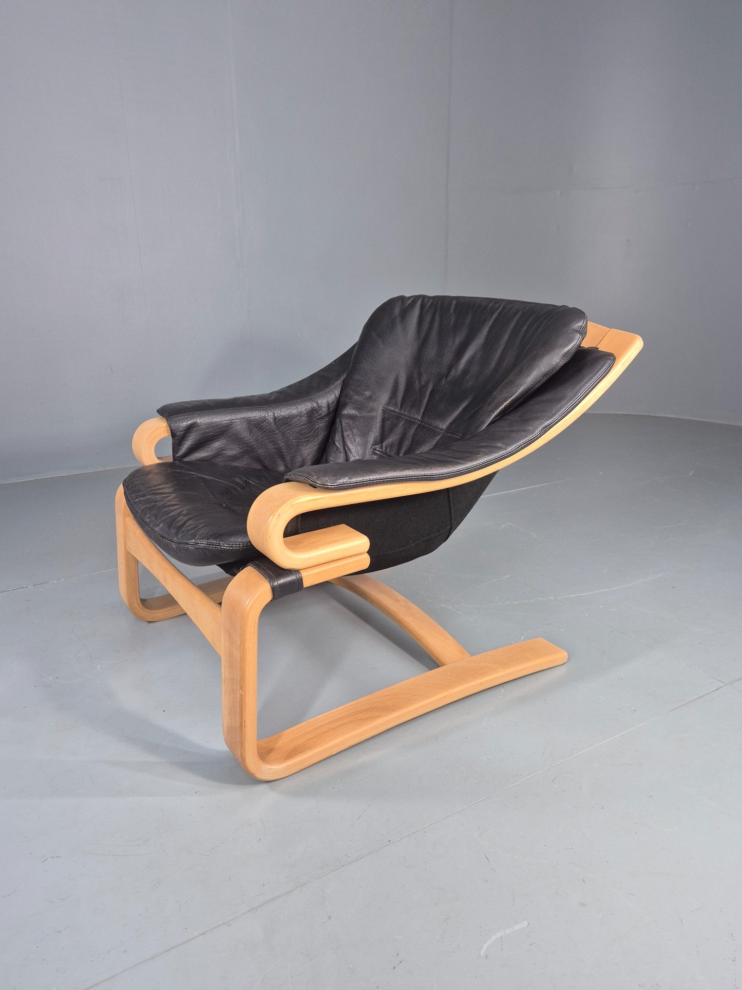 Vintage 1970s Lounge Chair Krokken By Fribytter Leather Bentwood Retro EB11999