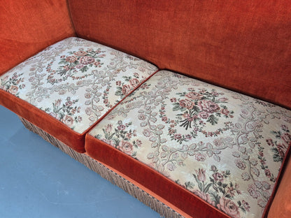 Vintage Danish Knole Sofa 2 Seater Red Velour Floral Cream Cushions EB12725