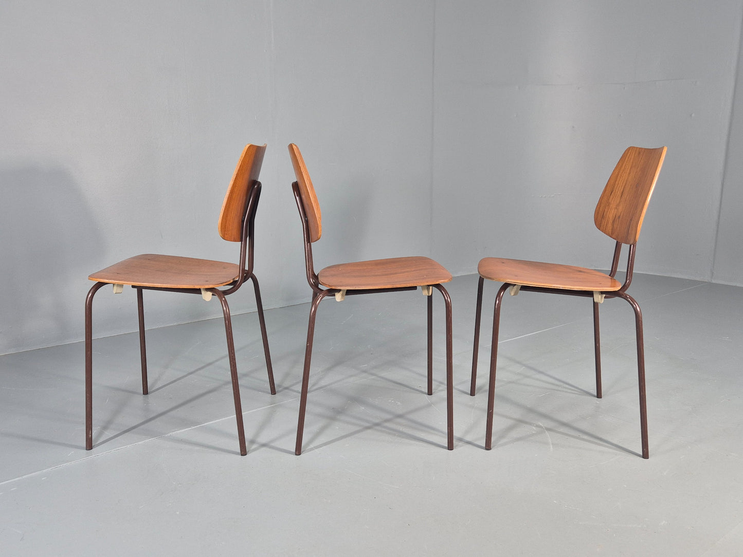 3 Vintage Danish Stacking Chairs Industrial Design Steel Teak Retro 60s Eb12491