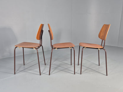 3 Vintage Danish Stacking Chairs Industrial Design Steel Teak Retro 60s Eb12491