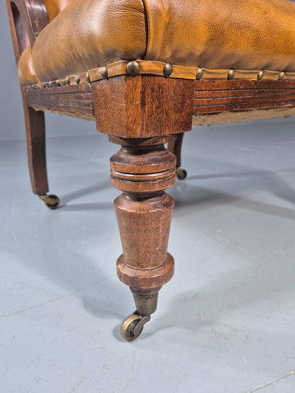 Antique Library Chair Deep Buttoned Tan Leather Oak Frame 1900s EB11657
