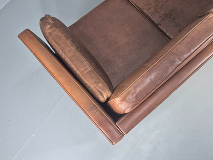 Vintage 3 seater sofa Danish Brown Leather 1970s Mid Century Retro EB10498